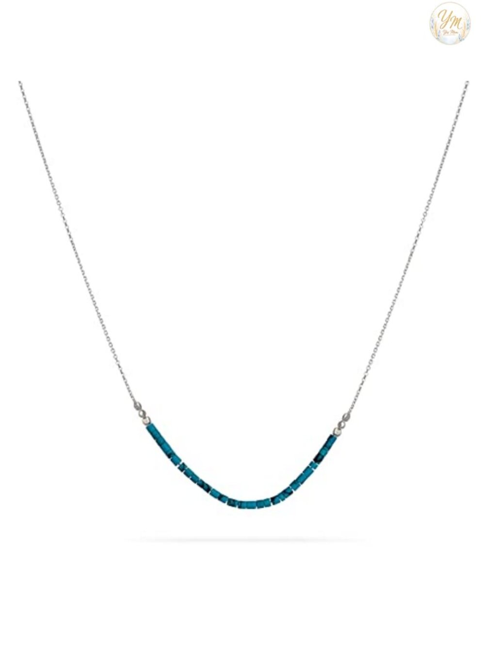 Natural Stone Beaded Bar Necklace w/ Turquoise Heishi Beads, Silver Plated,